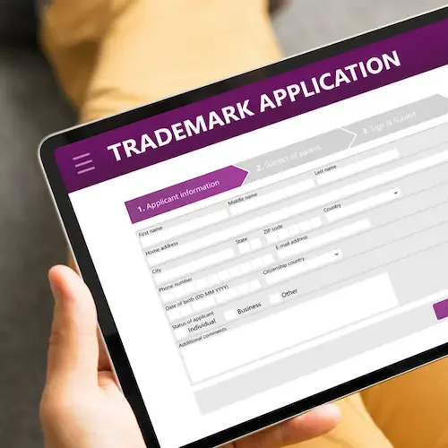 Trademark application form shown on a digital device
